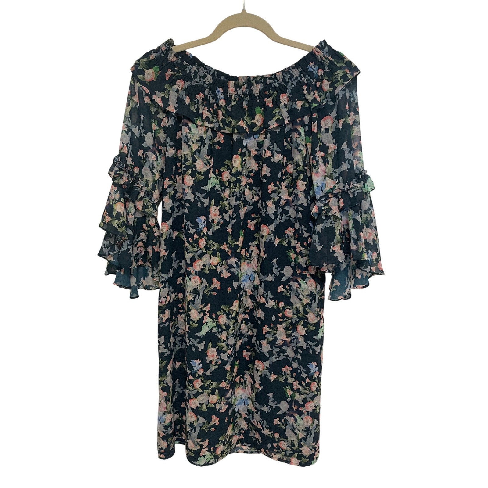 Off The Shoulder Dress Sara Campbell Navy Floral Shift Bell Sleeve Small